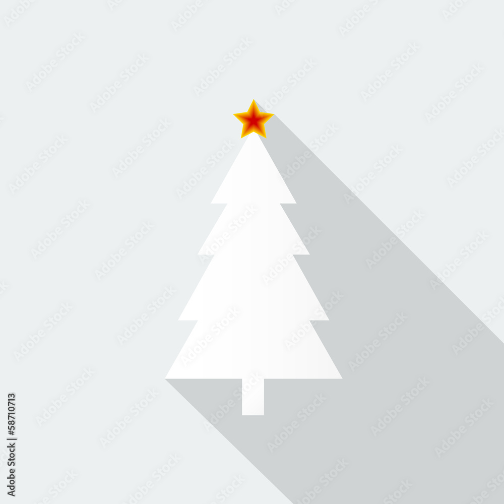 Christmas tree icon with long shadow on snow-white background