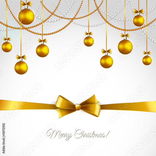 Christmas card with gold bauble and bow