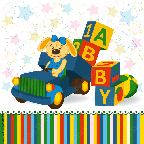 rabbit on truck unload baby blocks  - vector illustration