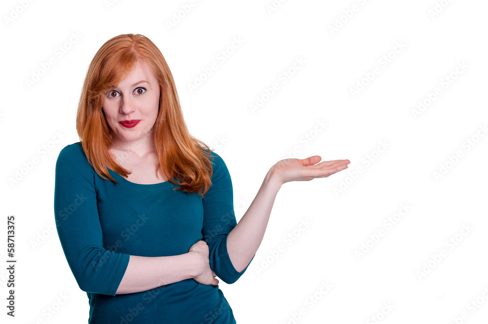 Cute redhead demonstrating, space for text Cute redhead demonstrating, space for text