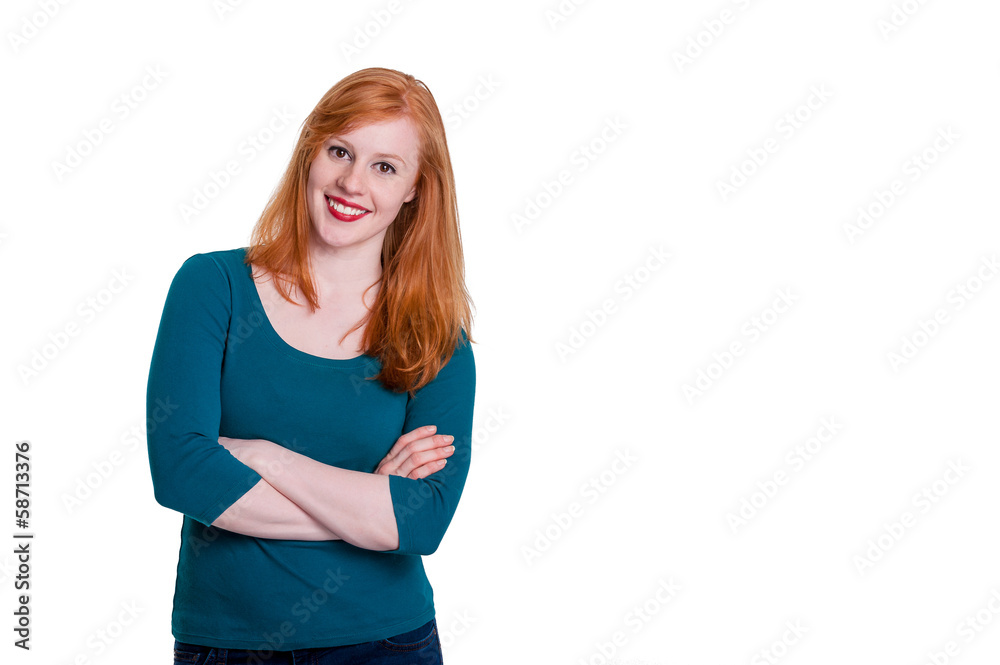 Portrait of happy redhead, arms crossed, on white Portrait of happy redhead, arms crossed, on white