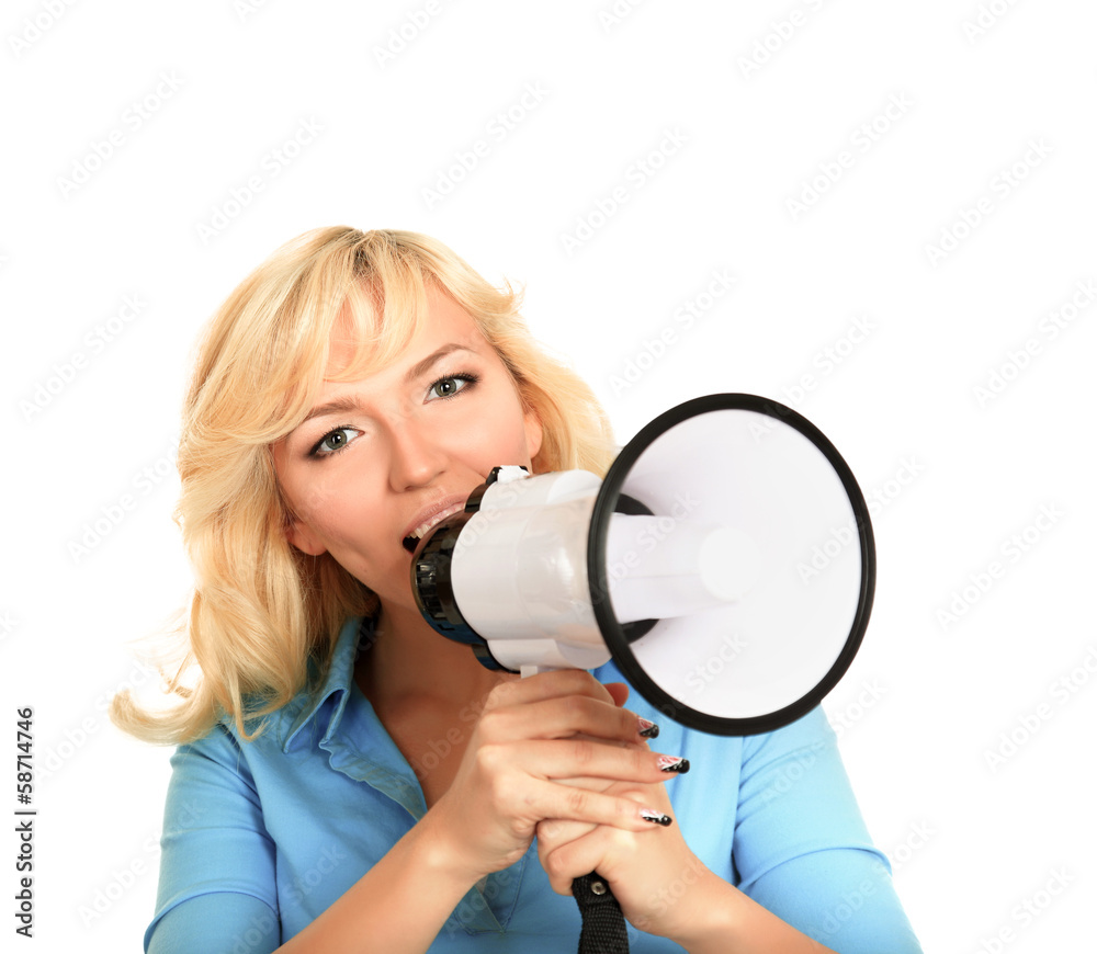portrait of young girl shouting with megaphone portrait of young girl shouting with megaphone