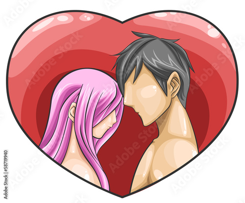 A naked couple is facing in the pink heart frame (vector)