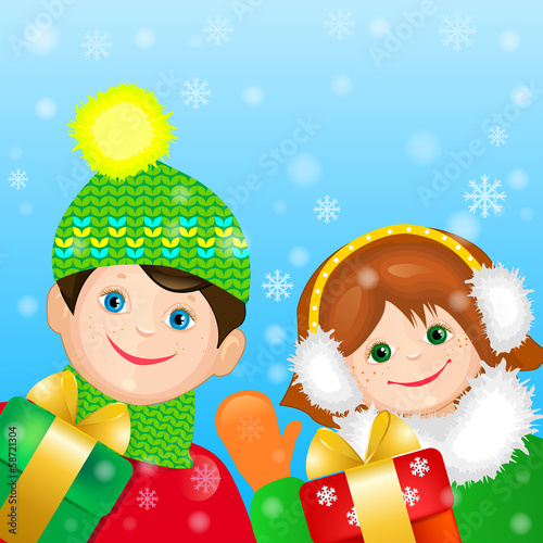 Card with cheerful kids and gifts.