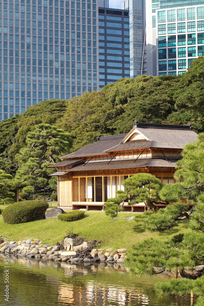 Old and modern architecture at Hamarikyu Gardens , Tokyo Old and modern architecture at Hamarikyu Gardens , Tokyo