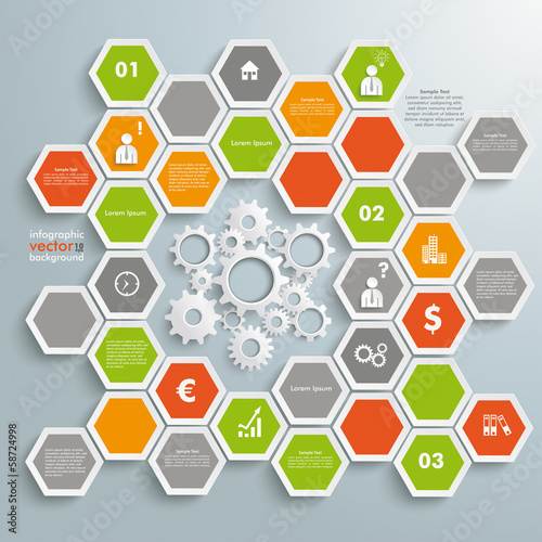 Colored Honeycomb Background Infographic White Gears