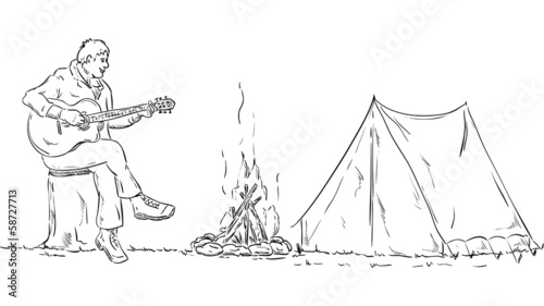 vector - Scout plays guitar on a tree stump in the camp