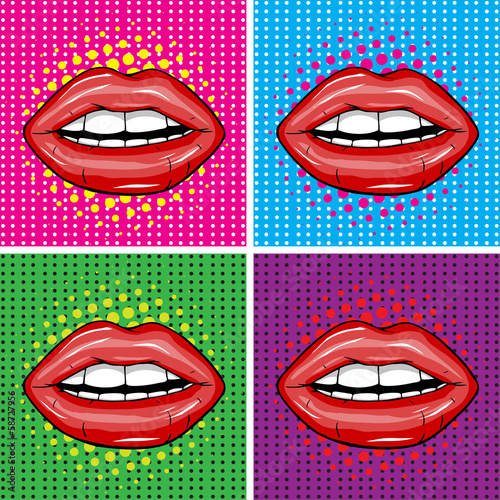 Sexy wet red lips with teeth pop art set backgrounds