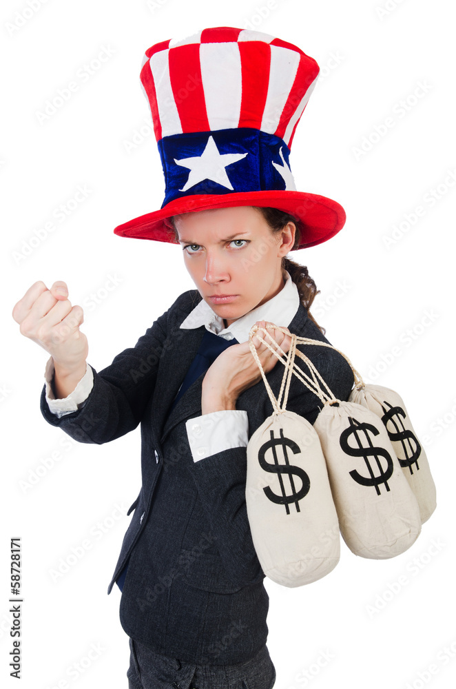 Businesswoman with sacks of money on white Businesswoman with sacks of money on white