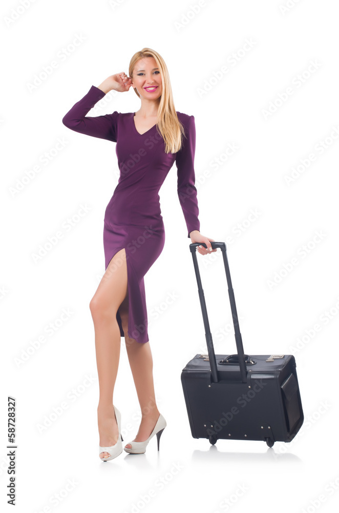 Woman preparing for vacation with suitcase on white Woman preparing for vacation with suitcase on white