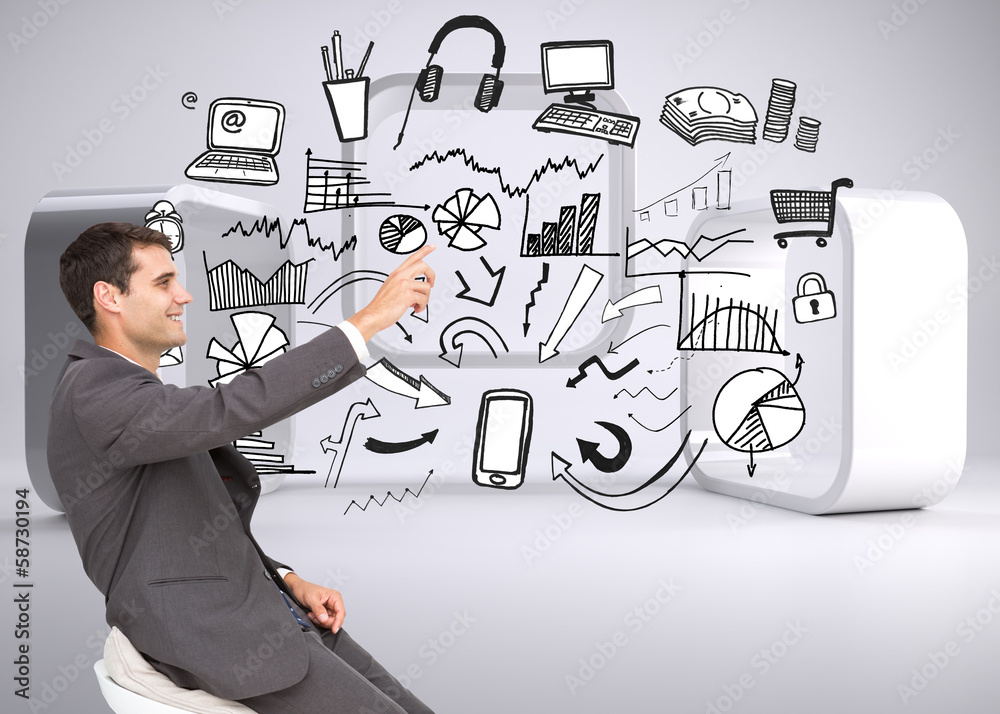Composite image of smiling classy businessman sitting and pointi Composite image of smiling classy businessman sitting and pointi