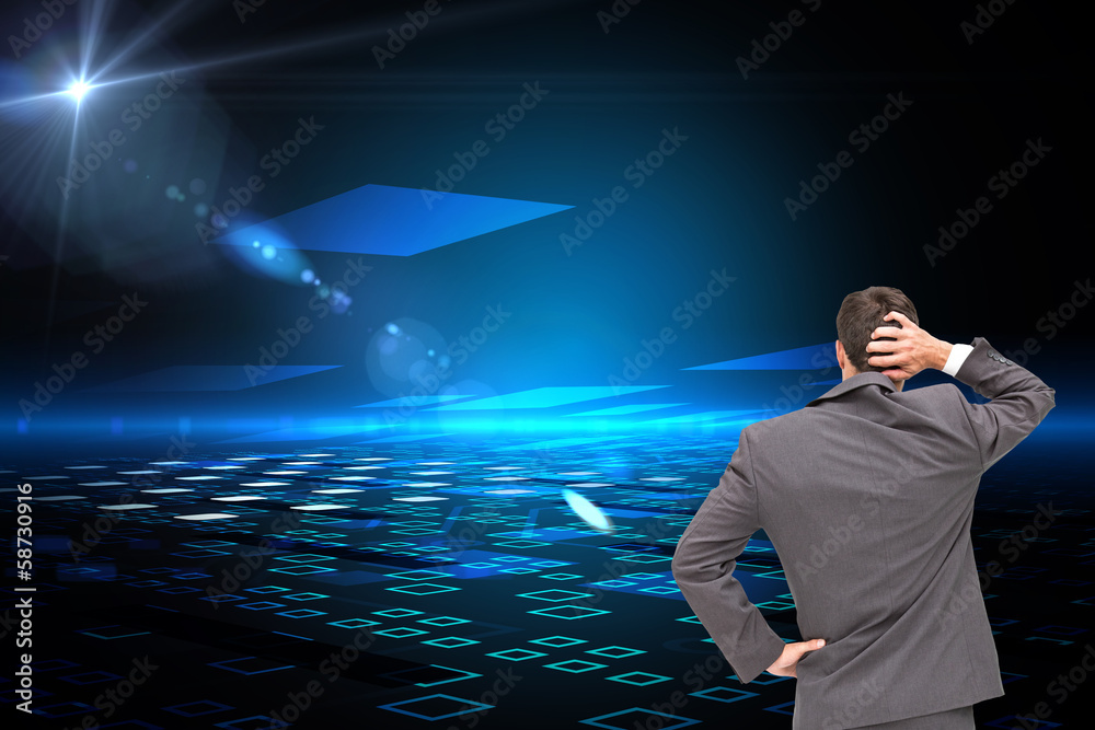 Fototapeta premium Composite image of young businessman standing back to camera scr