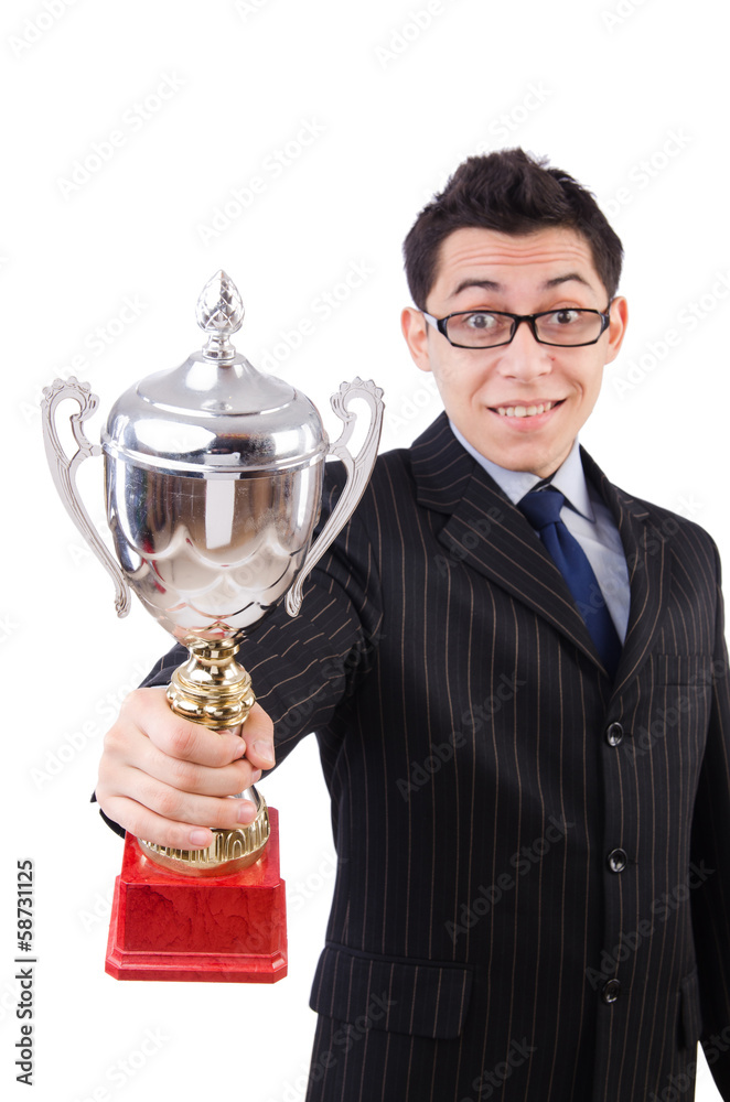 Funny guy receiving award on white Funny guy receiving award on white
