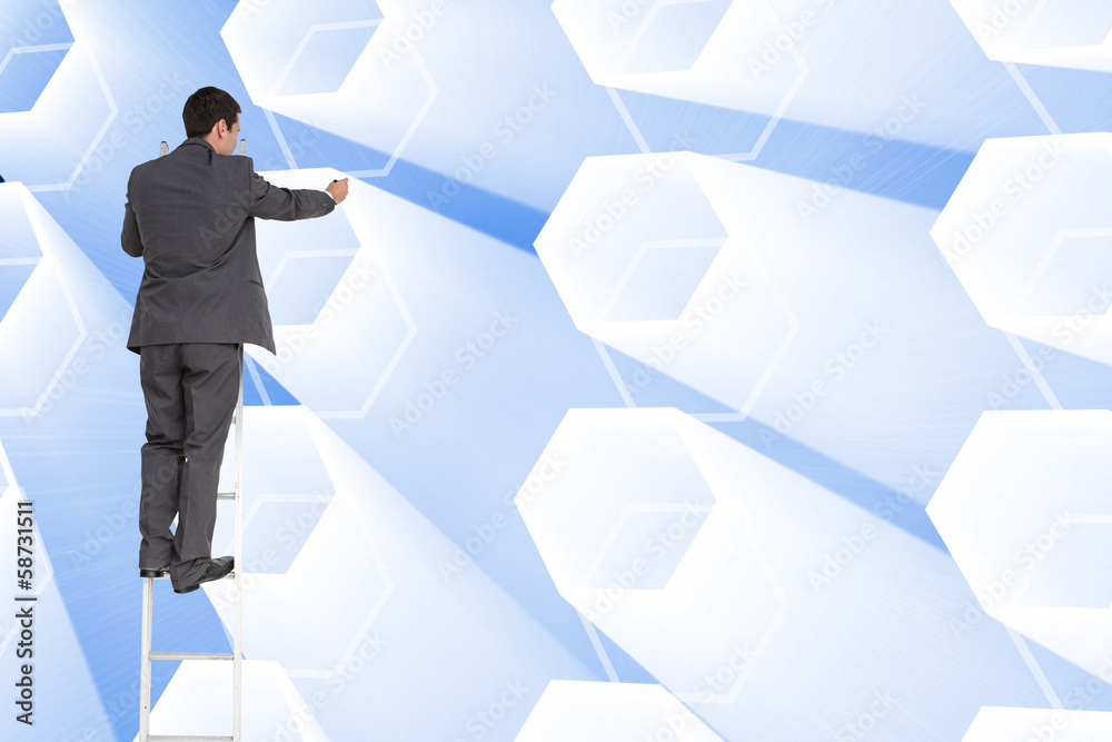 Obraz premium Composite image of businessman standing on ladder