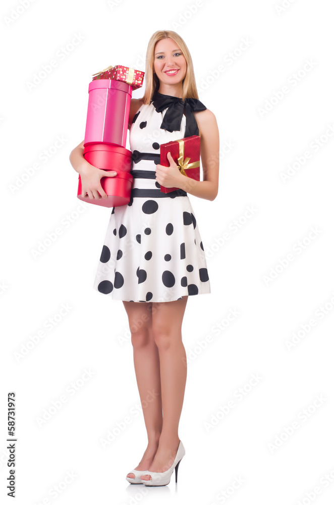 Young woman with christmas shopping on white Young woman with christmas shopping on white