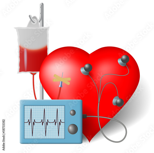 Blood transfusion flowing to heart and cardiac monitor photo