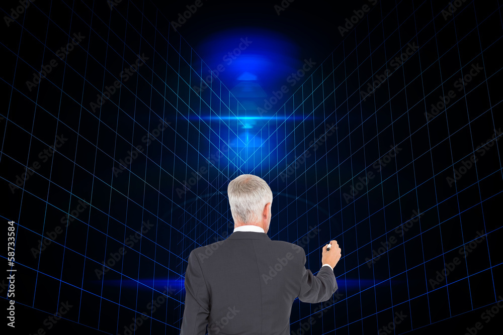 Composite image of rear view of businessman standing and writing Composite image of rear view of businessman standing and writing