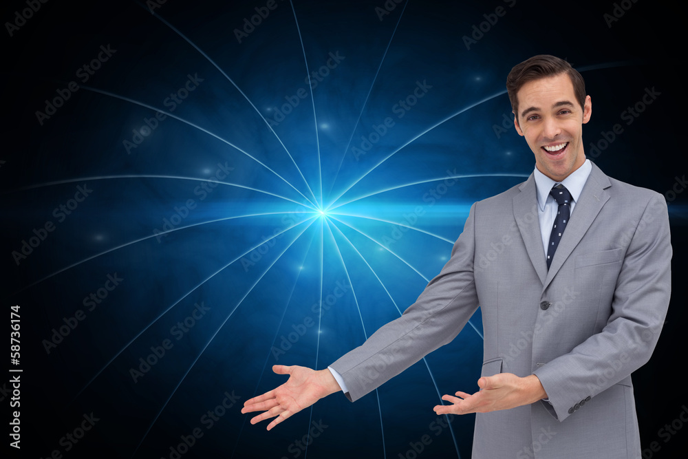 Composite image of happy businessman giving a presentation with Composite image of happy businessman giving a presentation with