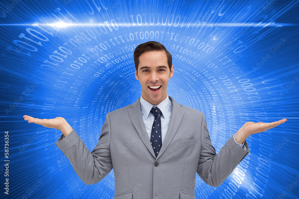 Composite image of smiling businessman presenting something with Composite image of smiling businessman presenting something with
