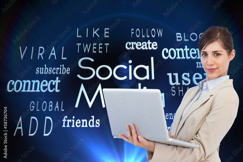 Composite image of confident young businesswoman with laptop Composite image of confident young businesswoman with laptop