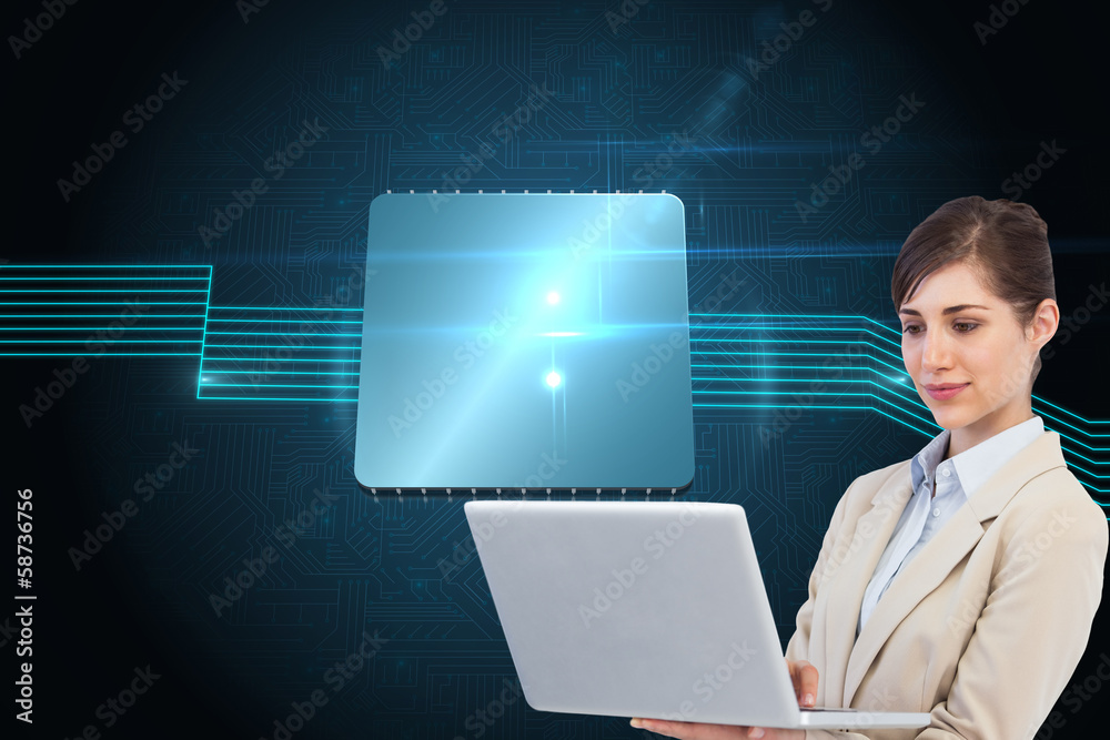 Composite image of confident businesswoman holding laptop Composite image of confident businesswoman holding laptop