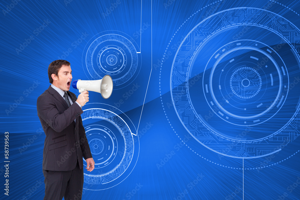 Composite image of standing businessman shouting through a megap Composite image of standing businessman shouting through a megap