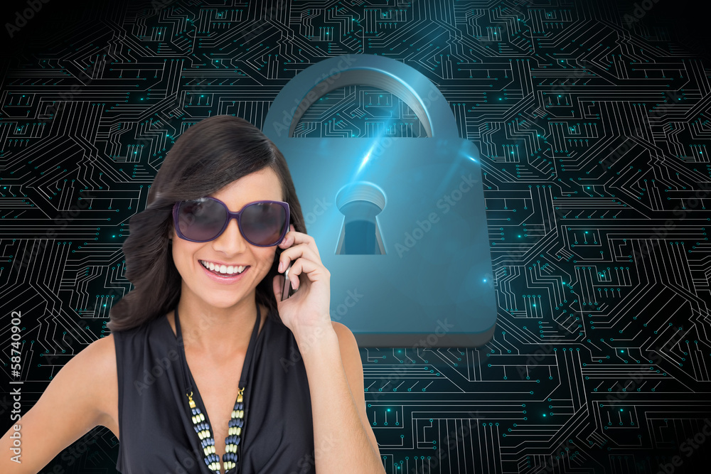 Composite image of happy brunette phoning Composite image of happy brunette phoning