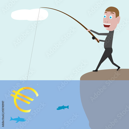 Cartoon businessman catching money in the sea