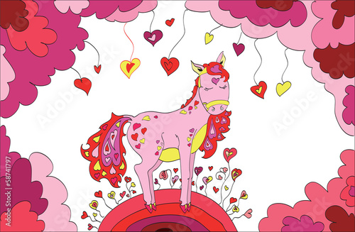 horse in love with hearts walking on St. Valentine's Day