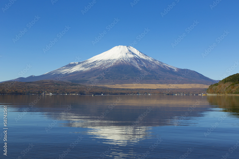 快晴青空の富士山と山中湖（湖畔に写る逆さ富士）