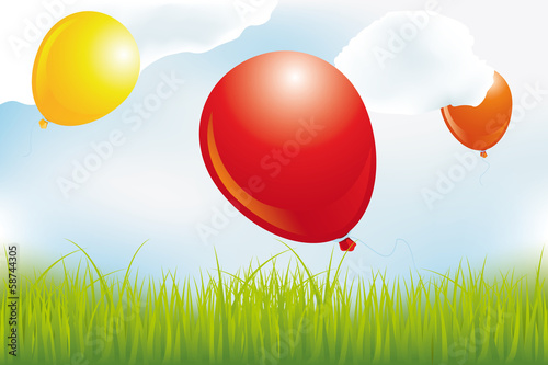 Balloons over meadow in clouds