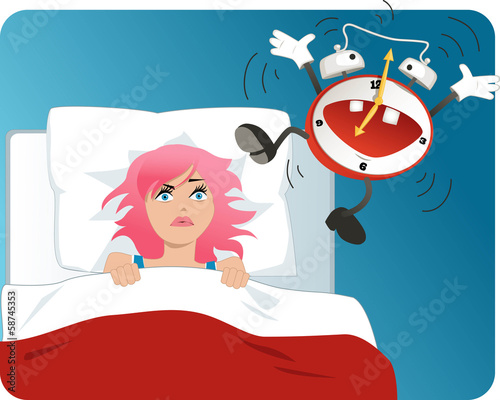 Girl waking up with an obnoxious alarm clock