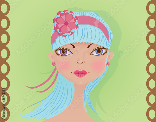 Face of a cute girl with long blue hair and a flower headband
