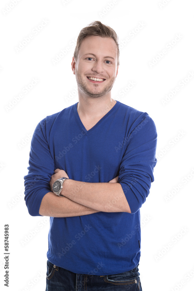 Junger lachender Mann in Pullover blau isoliert Junger lachender Mann in Pullover blau isoliert