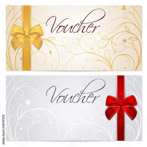 Gift certificate, Voucher, Coupon. Gold, template. Red bow