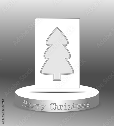 white panel with Christmas tree hovering over white stage