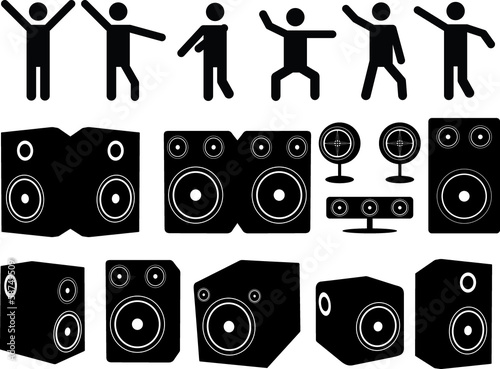 Speakers and people dancing set illustrated on white