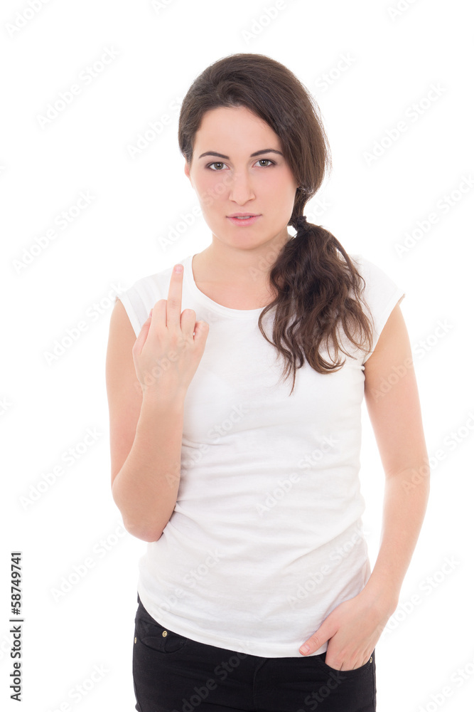 attractive woman showing middle finger isolated on white backgro attractive woman showing middle finger isolated on white backgro