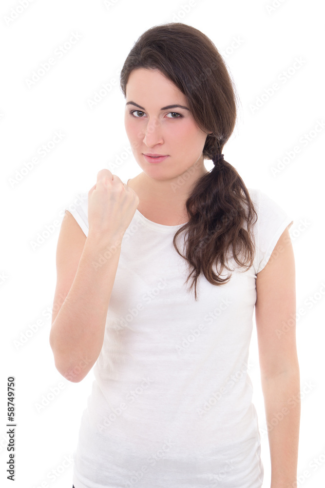 attractive woman showing fist of rage isolated on white backgrou attractive woman showing fist of rage isolated on white backgrou