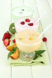 Delicious yogurt with fruit and berries on table close-up