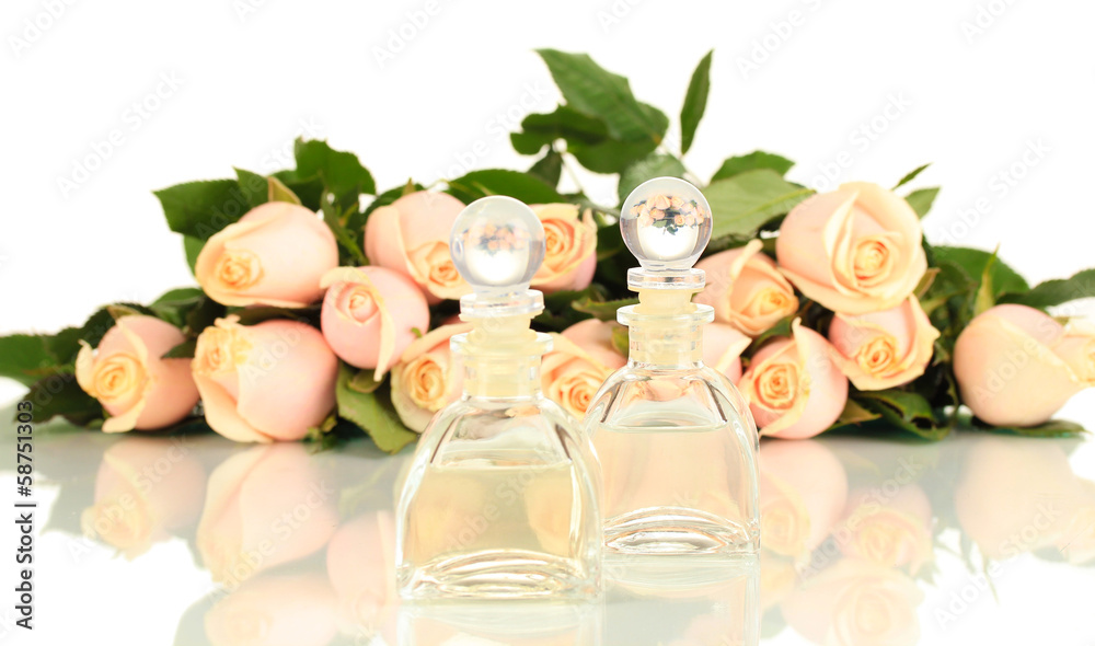 Beautiful bouquet of roses and perfume, isolated on white Beautiful bouquet of roses and perfume, isolated on white