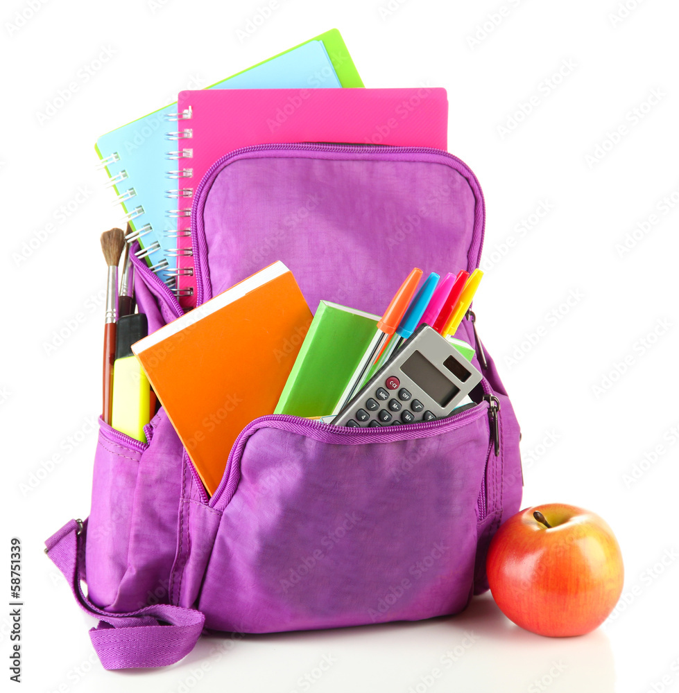 Purple backpack with school supplies isolated on white - obrazy, fototapety, plakaty 
