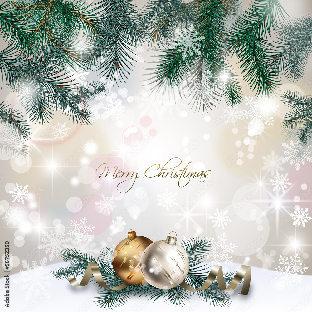 Carte de Noël : branches de sapin, boules, neige, bokeh