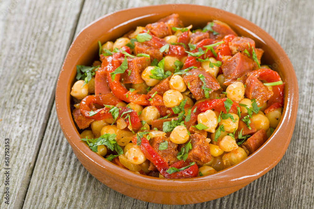 Garbanzos y Chorizo - Chickpeas and spicy sausage tapas Garbanzos y Chorizo - Chickpeas and spicy sausage tapas