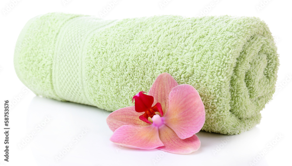 Orchid flower and towel roll, isolated on white Orchid flower and towel roll, isolated on white