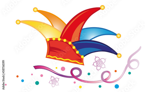 Bunte Narrenmütze zu Karneval mit Luftschlangen und Konfetti.