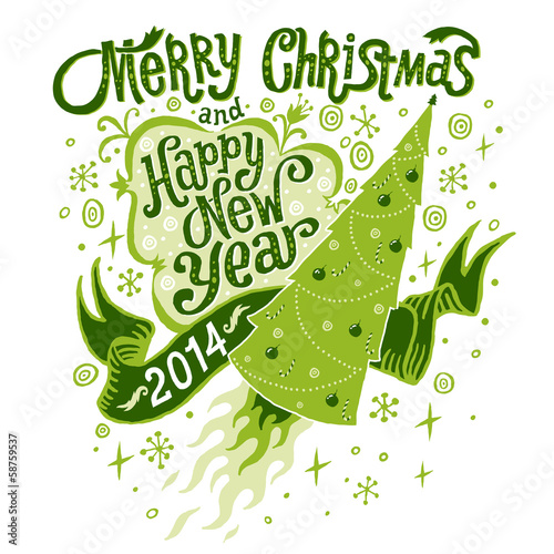 Typography Green Christmas Greeting card with handlettering