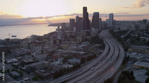 Aerial Skyscraper view sunset Columbia Centre, Seattle, USA,  photo