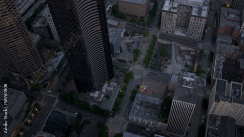 Aerial dusk overhead view Seattle skyscrapers Business Centre, USA  photo