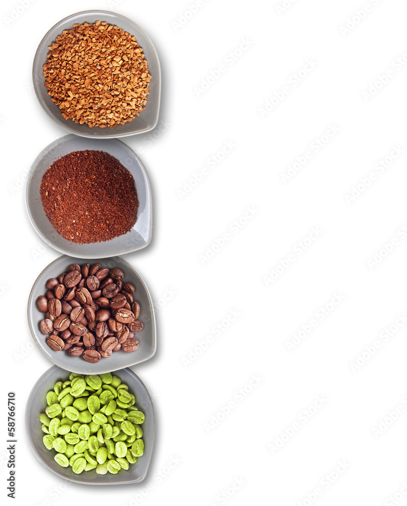 Bowls with green, roasted coffee beans, ground and instant Bowls with green, roasted coffee beans, ground and instant